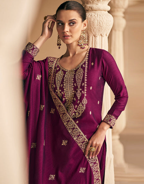Designer Function Wear Heavy Salwar Suit Collection Purple Premium Silk Pant Straight Front View